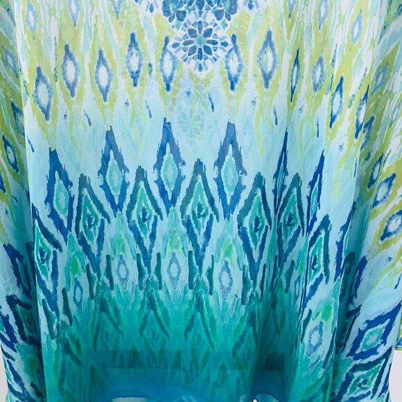 Susan Graver Sheer Chiffon Tunic Top Size L Blue Green Ikat Geometric V-Neck - Picture 2 of 8
